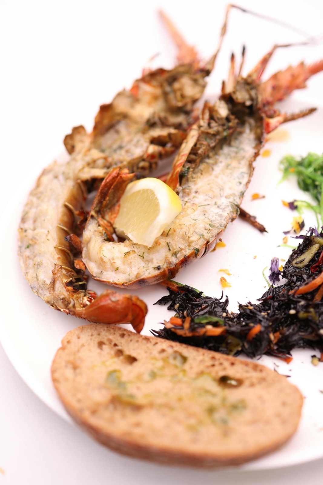 Langouste grillée au feu de bois, quartier de citron et persil, sur assiette blanche.